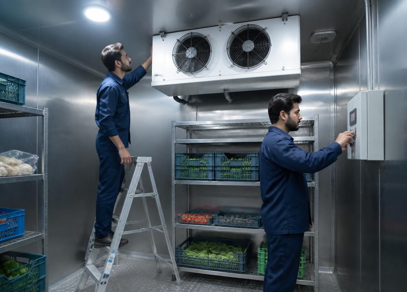فنيو أمواج البرودة أثناء صيانة غرفة تبريد تجارية في الرياض