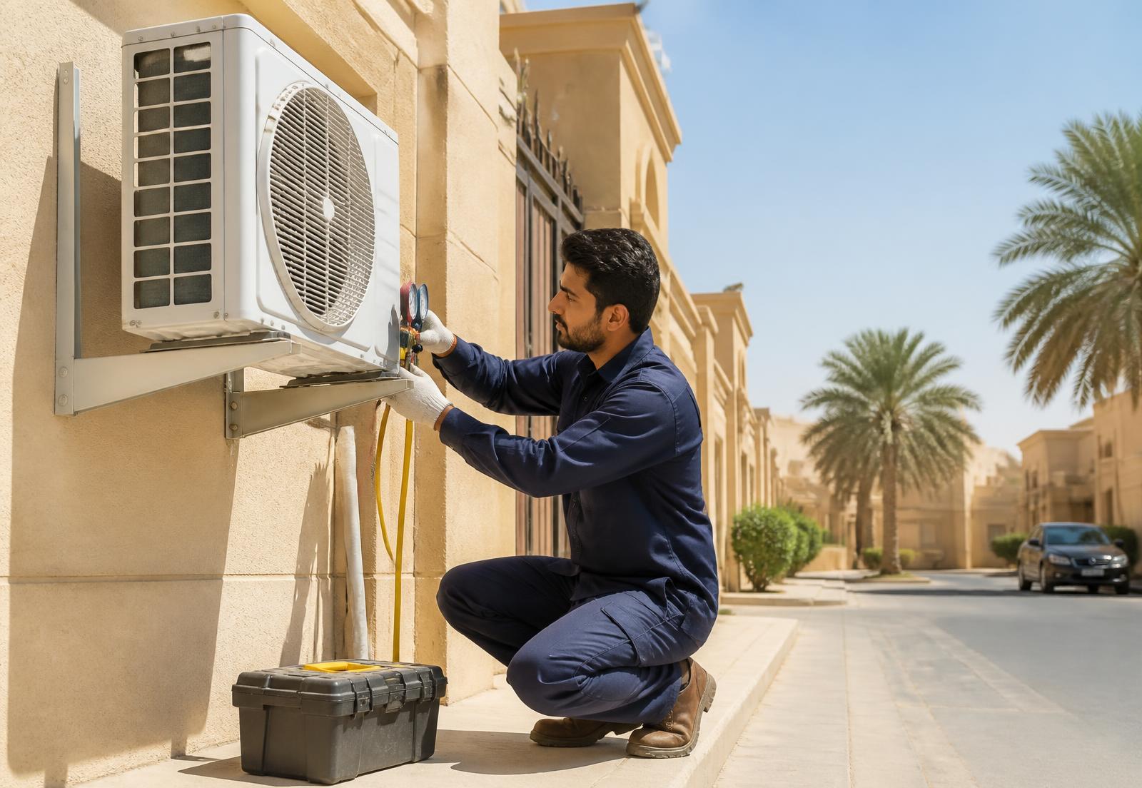فني تكييف من أمواج البرودة يصين مكيف سبليت أمام فيلا في الرياض